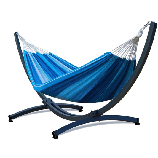Hamac sur pied extérieur bleu rayé